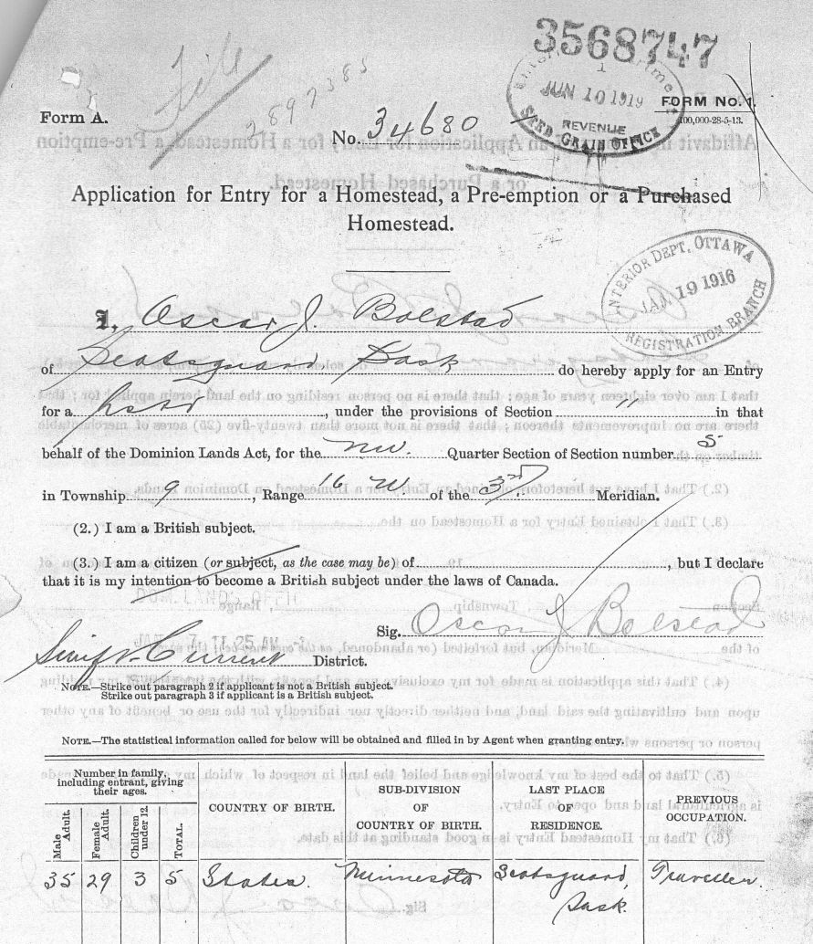 Form A Application for  a Homestead in Scotsguard Saskatchewan - Oscar J. Bolstad